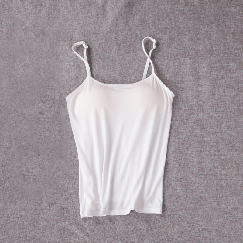 Women's beige nude seamless padded camisole tank top with thin adjustable straps