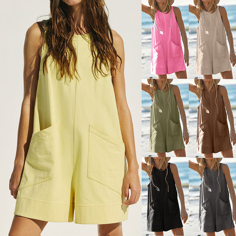 Women's sleeveless summer shorts jumpsuit with pockets for casual beach wear