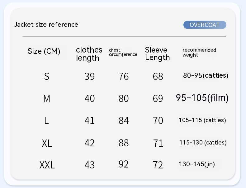 Jacket size reference chart with measurements and weight ranges.