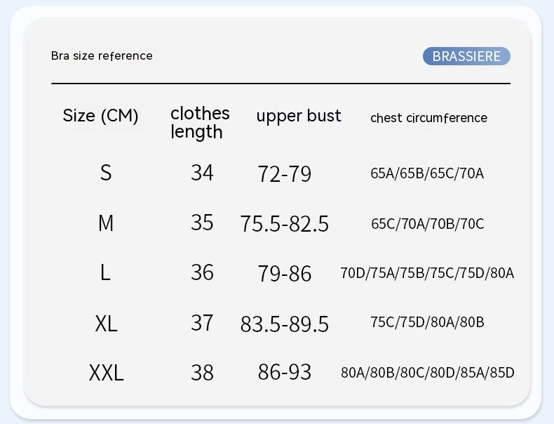 Bra size reference chart for brassieres with measurements in centimeters.