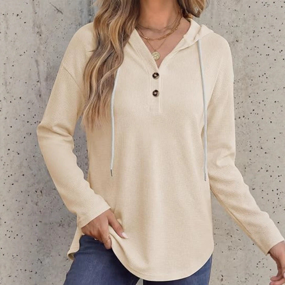 Womens V-neck Hooded Loose-fit Waffle-knit Hoodie