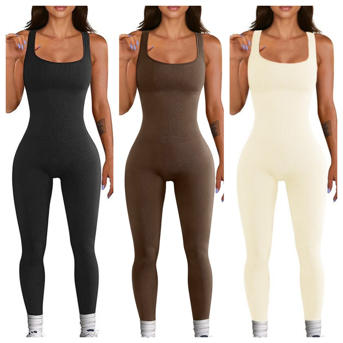 Women's ribbed sleeveless tank top one-piece jumpsuit bodysuit