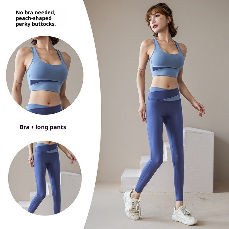 Women's 3-piece workout tracksuit set with zip jacket, sports bra, and yoga trousers