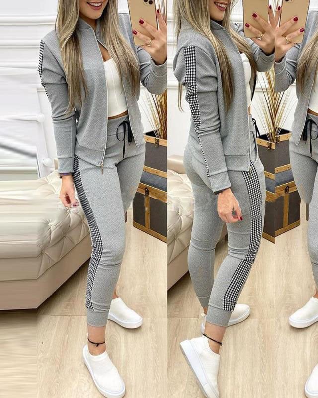 Women's 2-piece tracksuit set with zip-up jacket and houndstooth side stripe pants