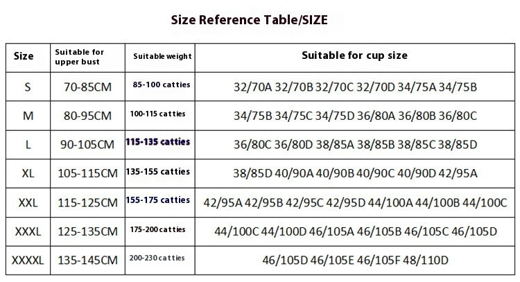 Size reference table for clothing with measurements and weight ranges.