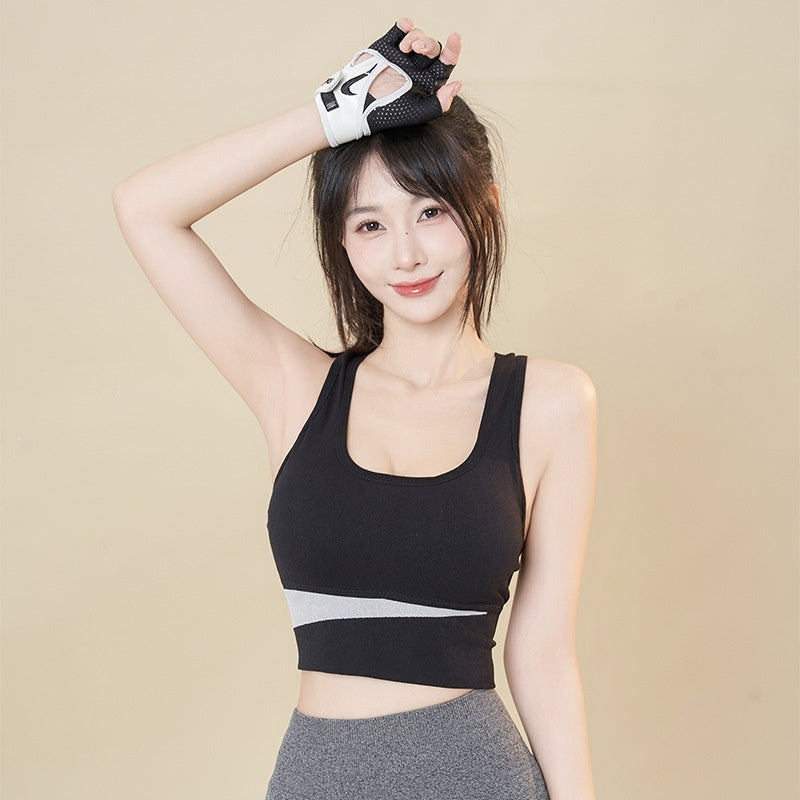 Women's mauve purple colorblock sports bra with wide elastic underbust band