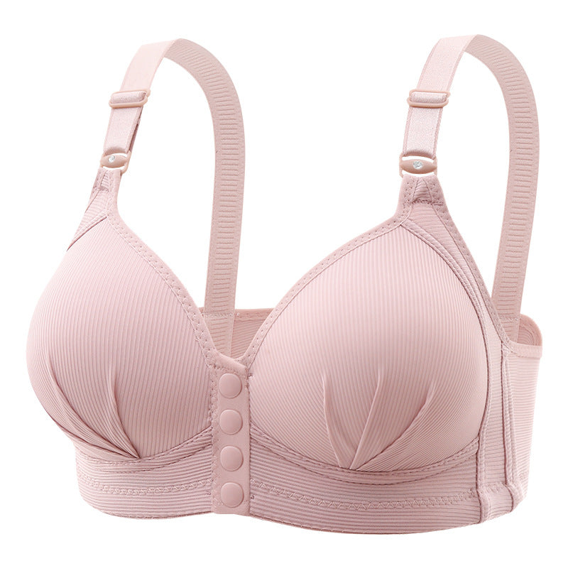 Women's front button closure wireless comfort bras in black, beige, and nude