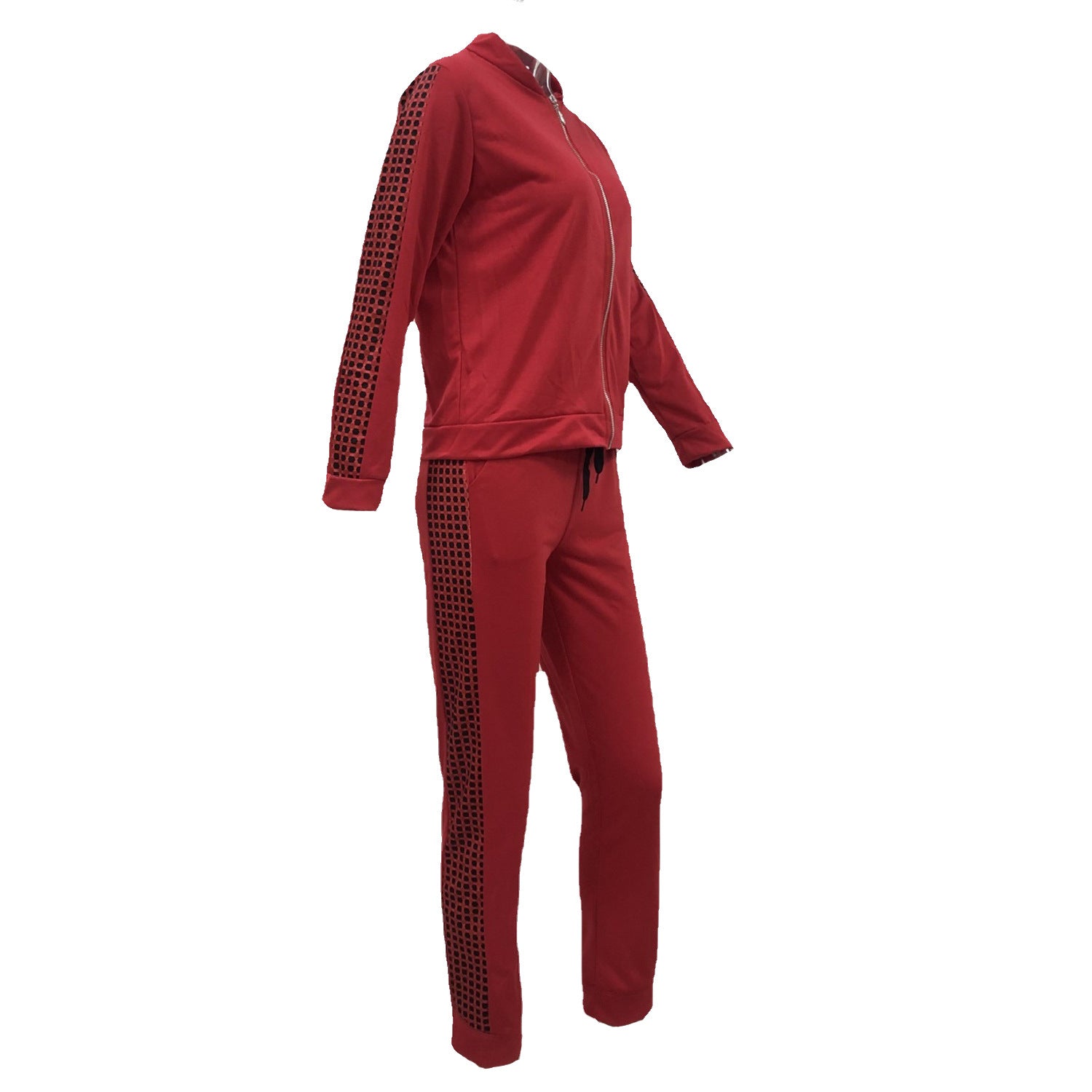 Women's 2-piece tracksuit set with zip-up jacket and houndstooth side stripe pants