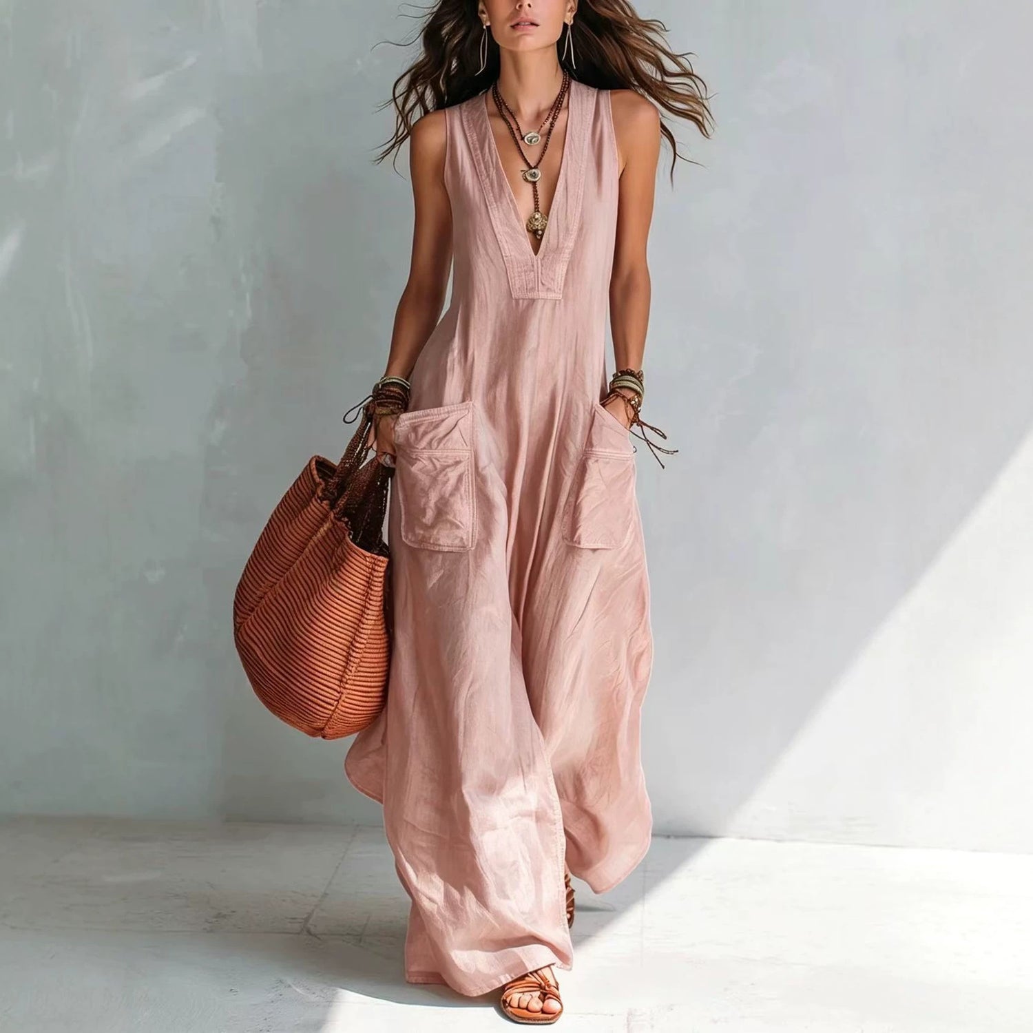 Women's solid color wide pocket sleeveless jumpsuit in a relaxed fit