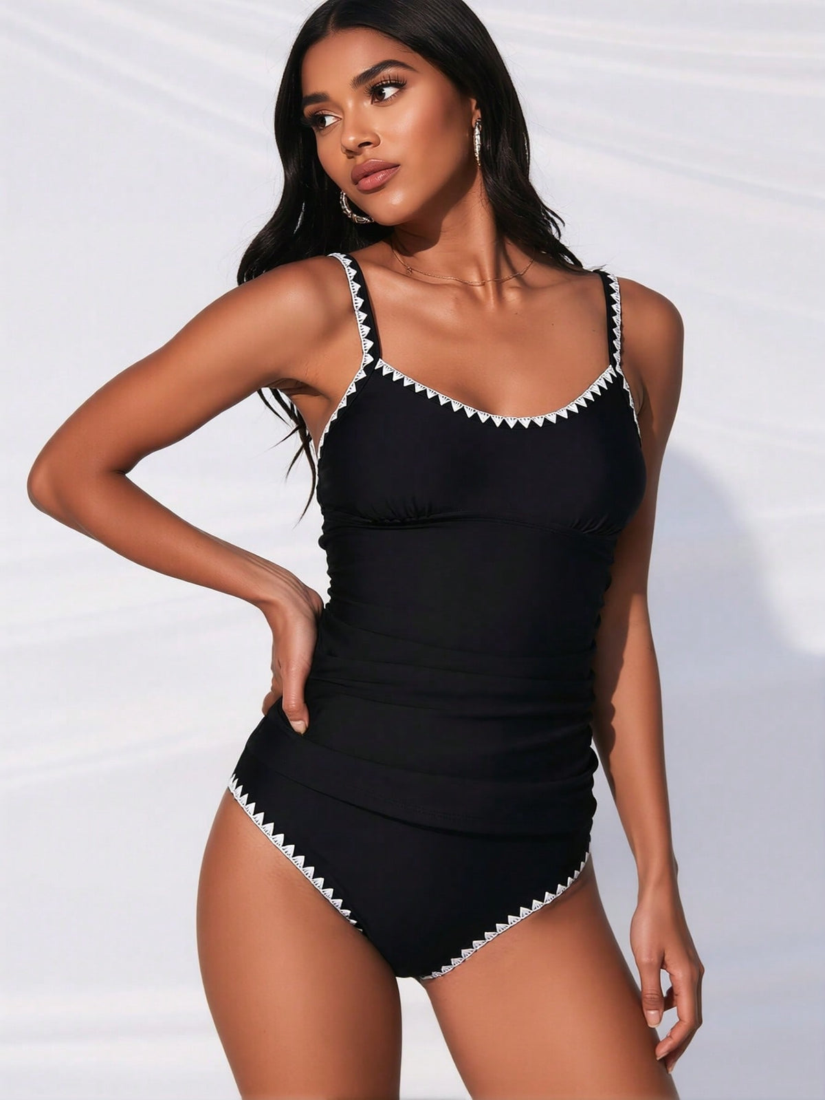 Women's Black Contrast Trim Ruched One-Piece Tankini Swimsuit