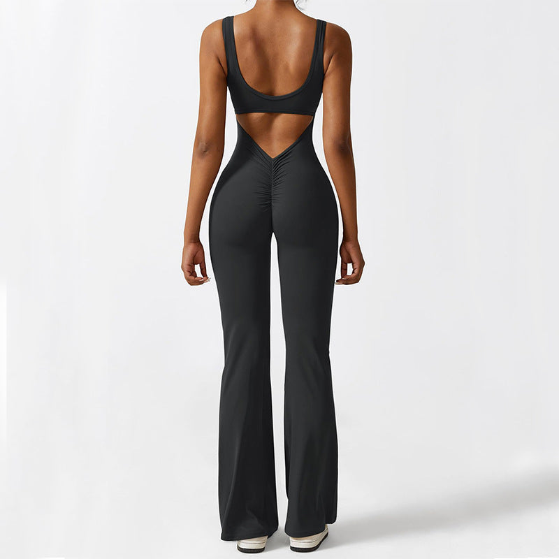 Women's sleeveless flare jumpsuit with wide-leg long pants for fitness and yoga