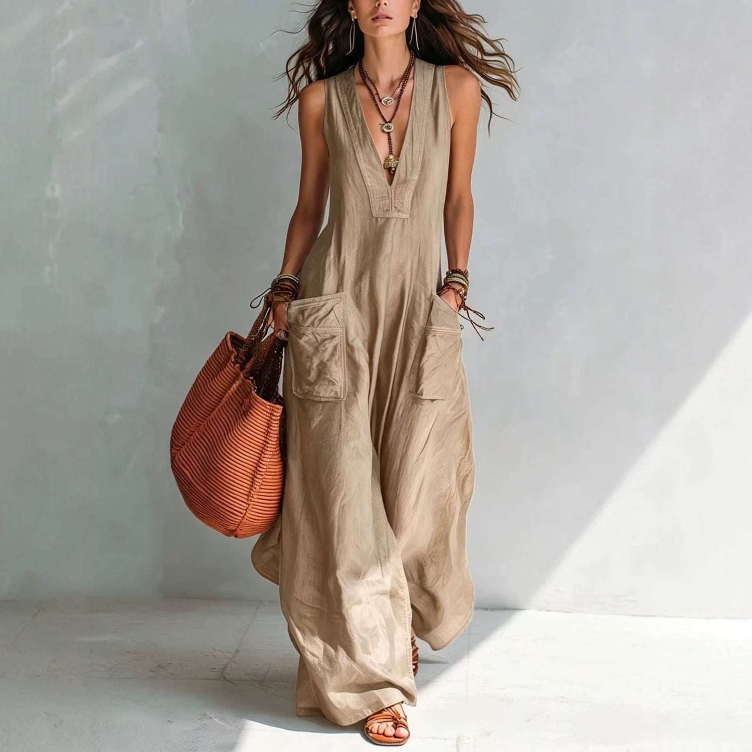 Women's solid color wide pocket sleeveless jumpsuit in a relaxed fit