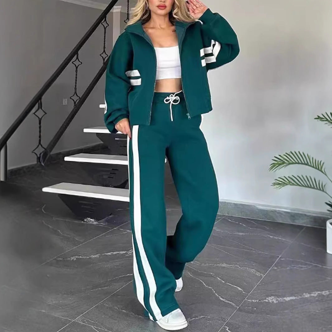 Women's white two-piece casual sportswear tracksuit set with loose shirt and pants