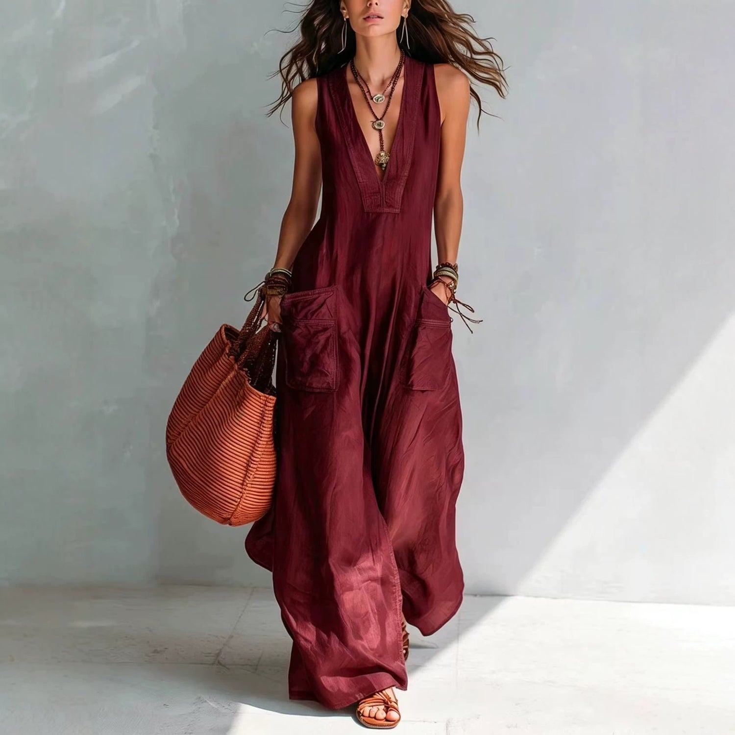 Women's solid color wide pocket sleeveless jumpsuit in a relaxed fit