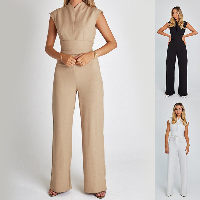 Elegant sleeveless wide-leg jumpsuit for women with a flattering V-neckline and relaxed summer drape