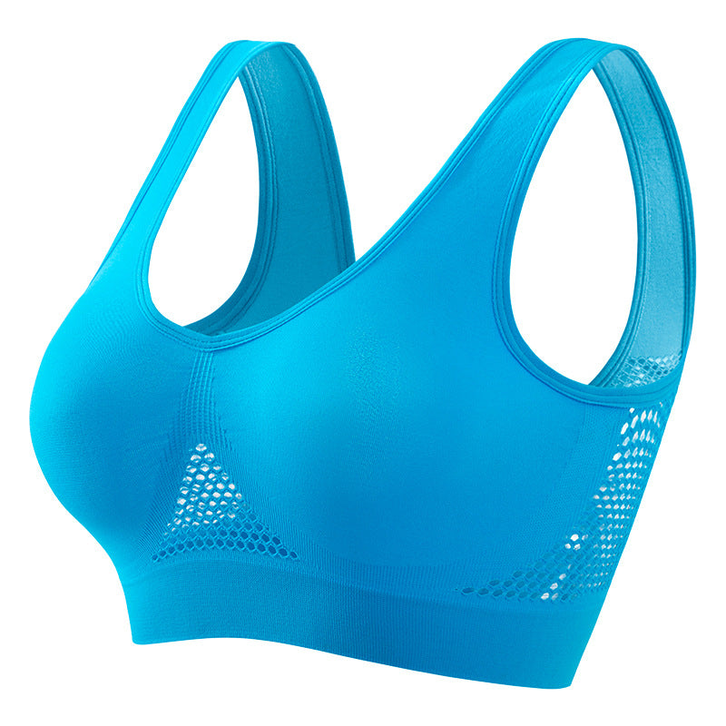 Women's push-up breathable sports bra in sweat-wicking athletic fabric with wireless bust support