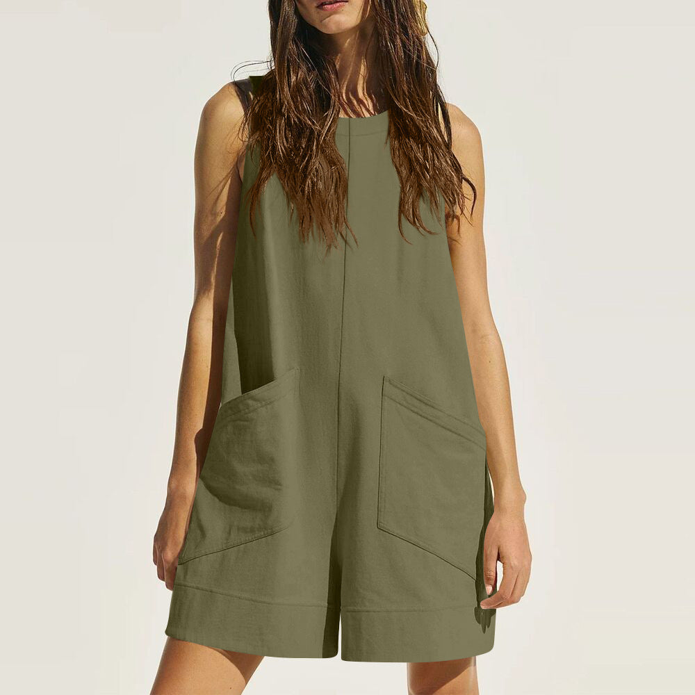 Women's sleeveless summer shorts jumpsuit with pockets for casual beach wear