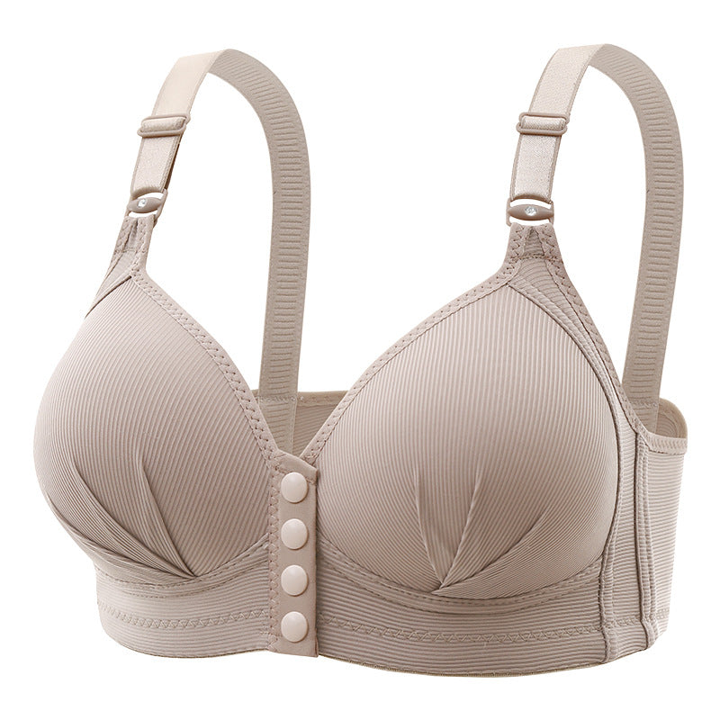 Women's front button closure wireless comfort bras in black, beige, and nude
