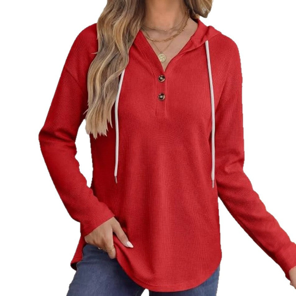 Womens V-neck Hooded Loose-fit Waffle-knit Hoodie