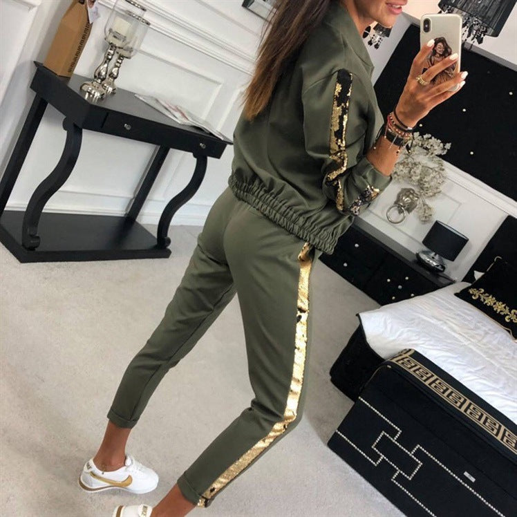 Women's 2-piece tracksuit set with zip-up jacket and houndstooth side stripe pants