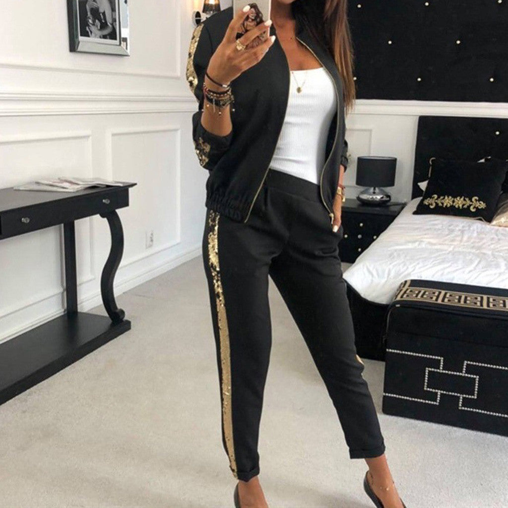 Women's 2-piece tracksuit set with zip-up jacket and houndstooth side stripe pants
