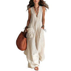 Women's solid color wide pocket sleeveless jumpsuit in a relaxed fit