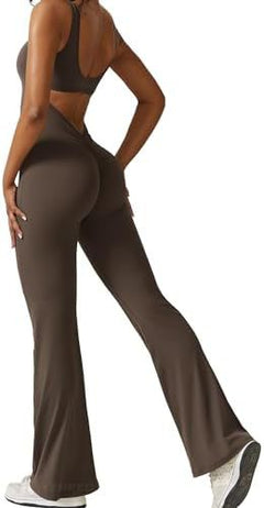 Women's sleeveless flare jumpsuit with wide-leg long pants for fitness and yoga