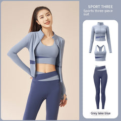 Women's 3-piece workout tracksuit set with zip jacket, sports bra, and yoga trousers