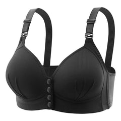 Women's front button closure wireless comfort bras in black, beige, and nude