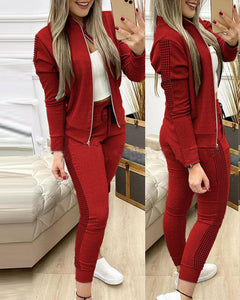 Women's 2-piece tracksuit set with zip-up jacket and houndstooth side stripe pants