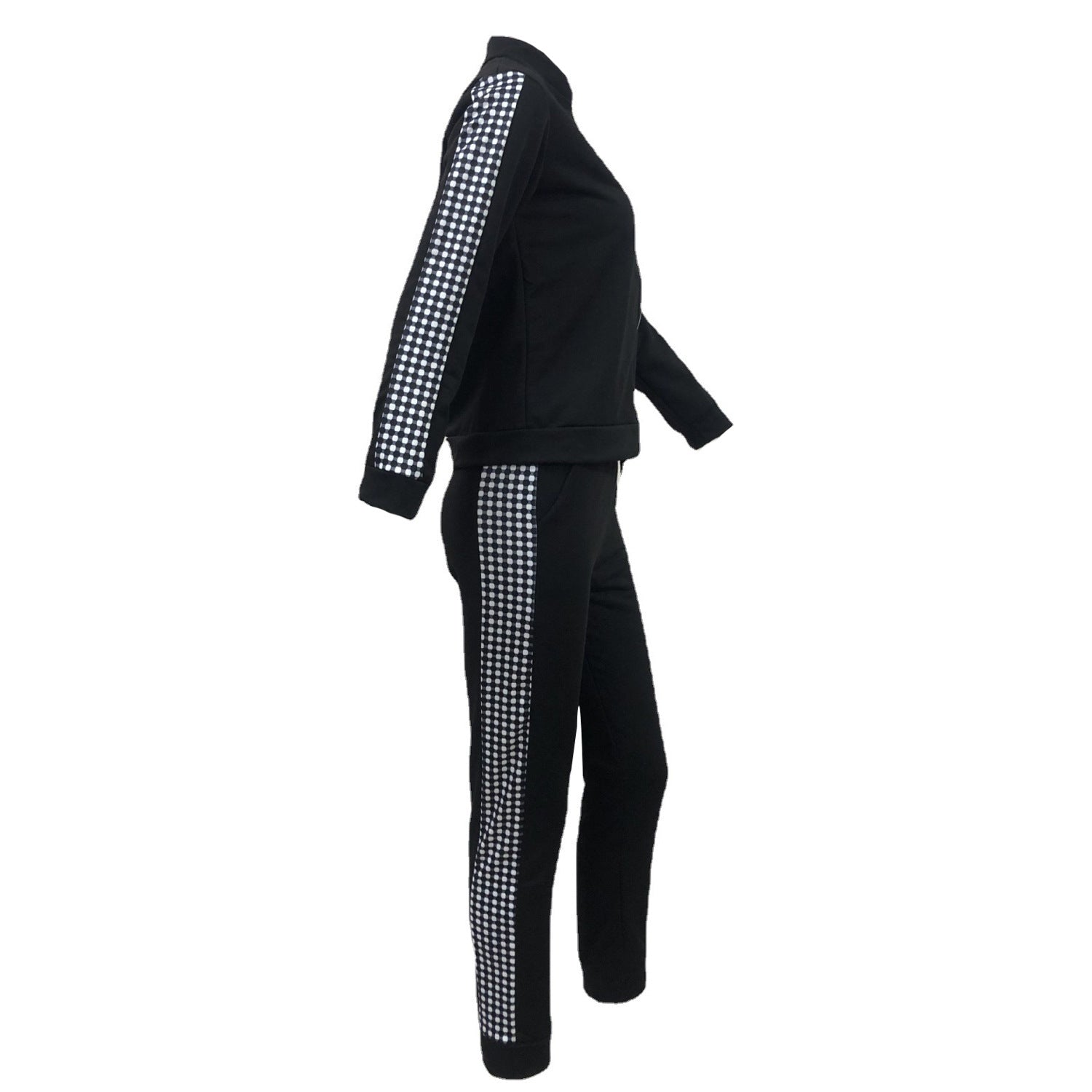 Women's 2-piece tracksuit set with zip-up jacket and houndstooth side stripe pants