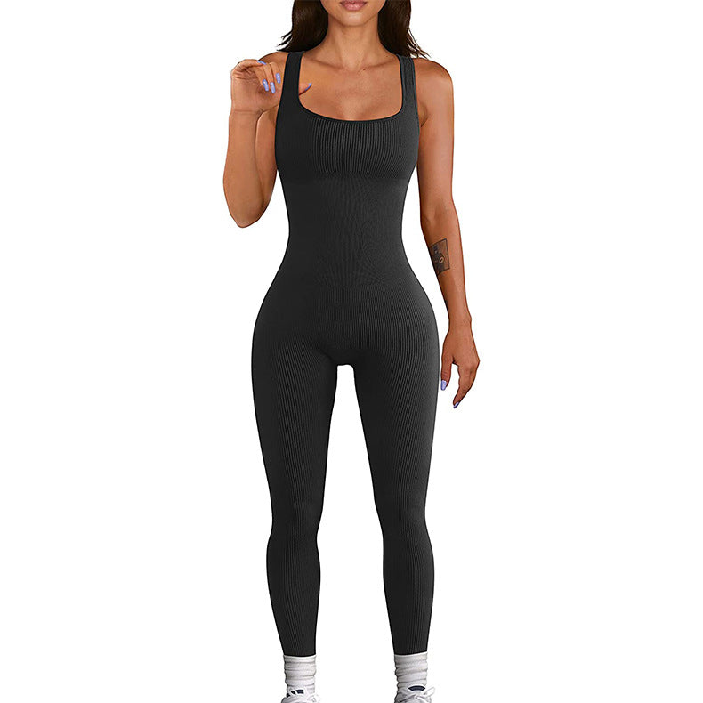 Women's black ribbed sleeveless tank top one-piece jumpsuit bodysuit