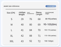 Jacket size reference chart with measurements and weight ranges.