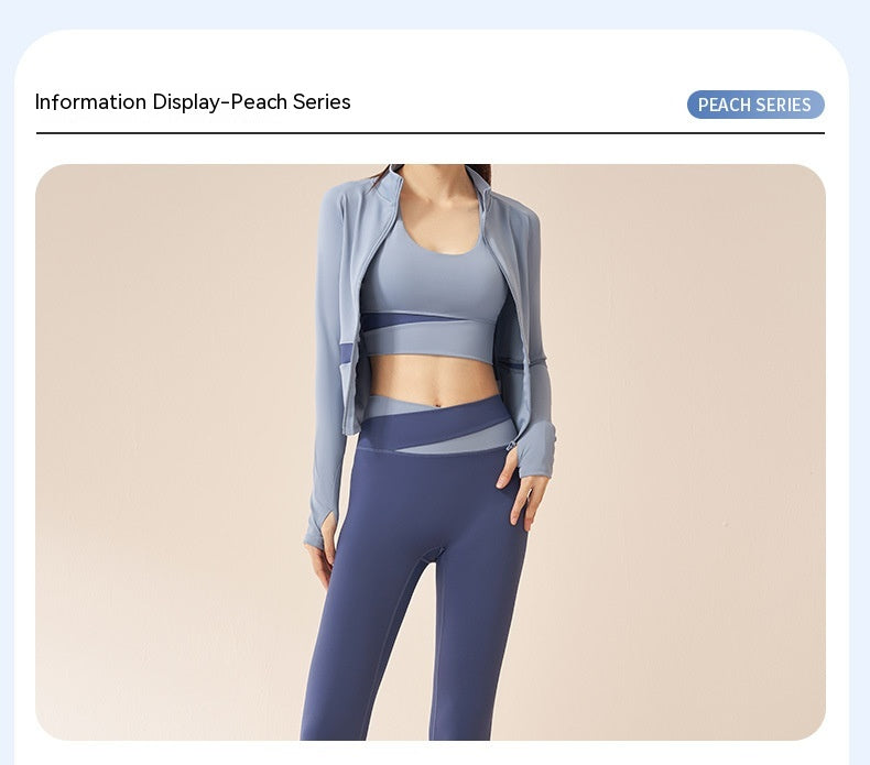 Women's 3-piece workout tracksuit set with zip jacket, sports bra, and yoga trousers