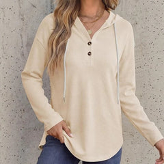 Womens V-neck Hooded Loose-fit Waffle-knit Hoodie