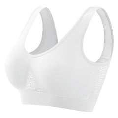 Women's push-up breathable sports bra in sweat-wicking athletic fabric with wireless bust support