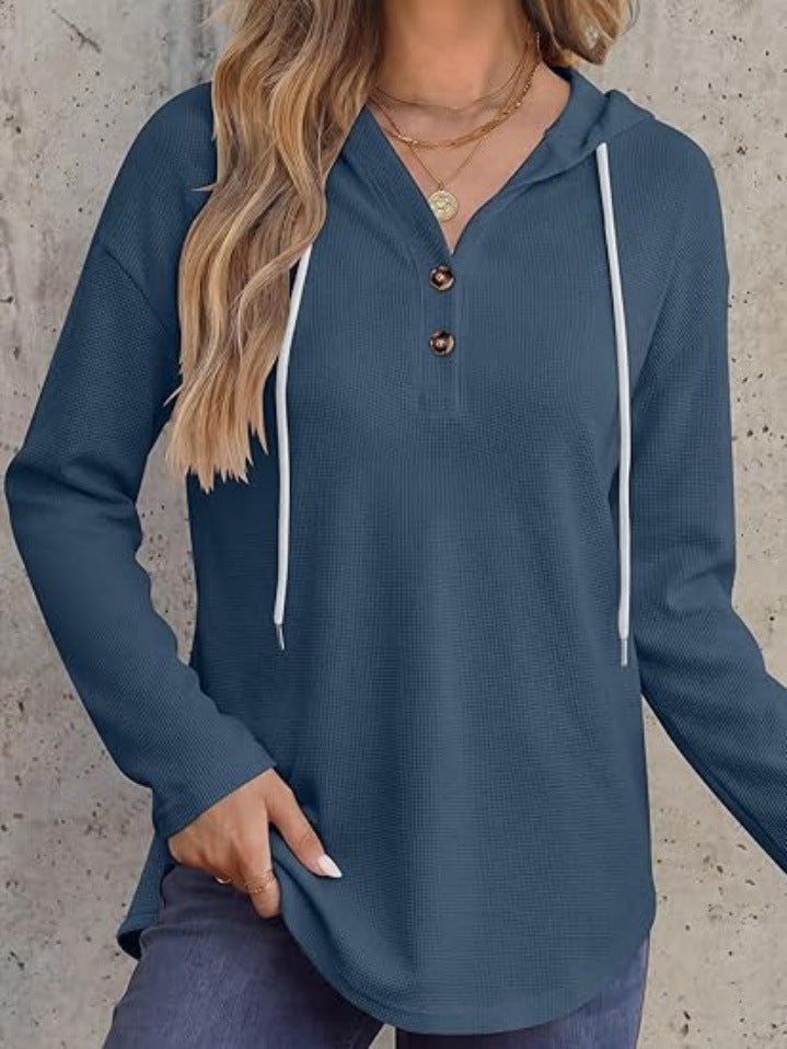 Womens V-neck Hooded Loose-fit Waffle-knit Hoodie