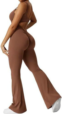 Women's sleeveless flare jumpsuit with wide-leg long pants for fitness and yoga