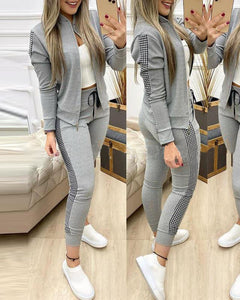 Women's 2-piece tracksuit set with zip-up jacket and houndstooth side stripe pants