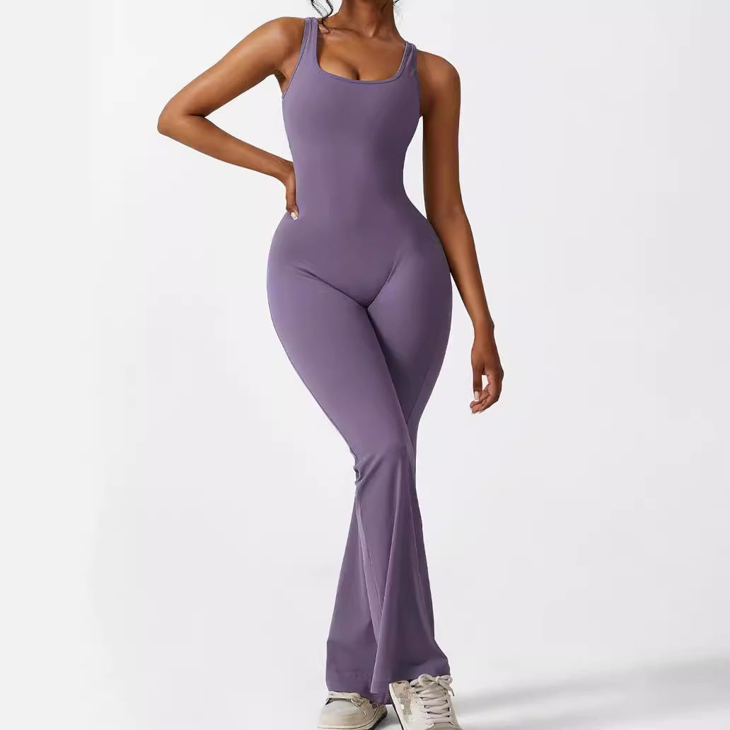 Women's sleeveless flare jumpsuit with wide-leg long pants for fitness and yoga