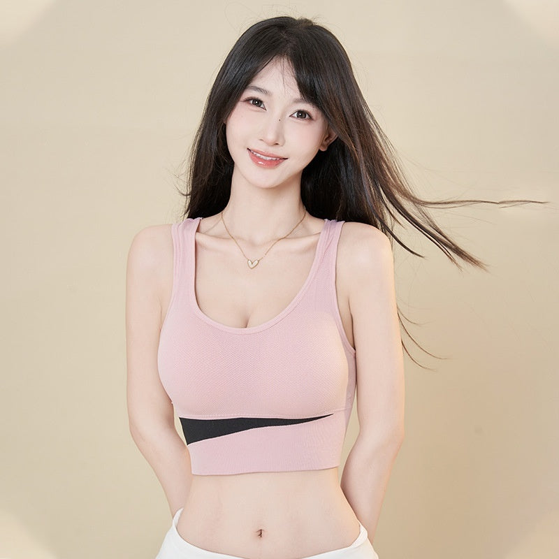 Women's mauve purple colorblock sports bra with wide elastic underbust band