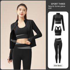 Women's 3-piece workout tracksuit set with zip jacket, sports bra, and yoga trousers