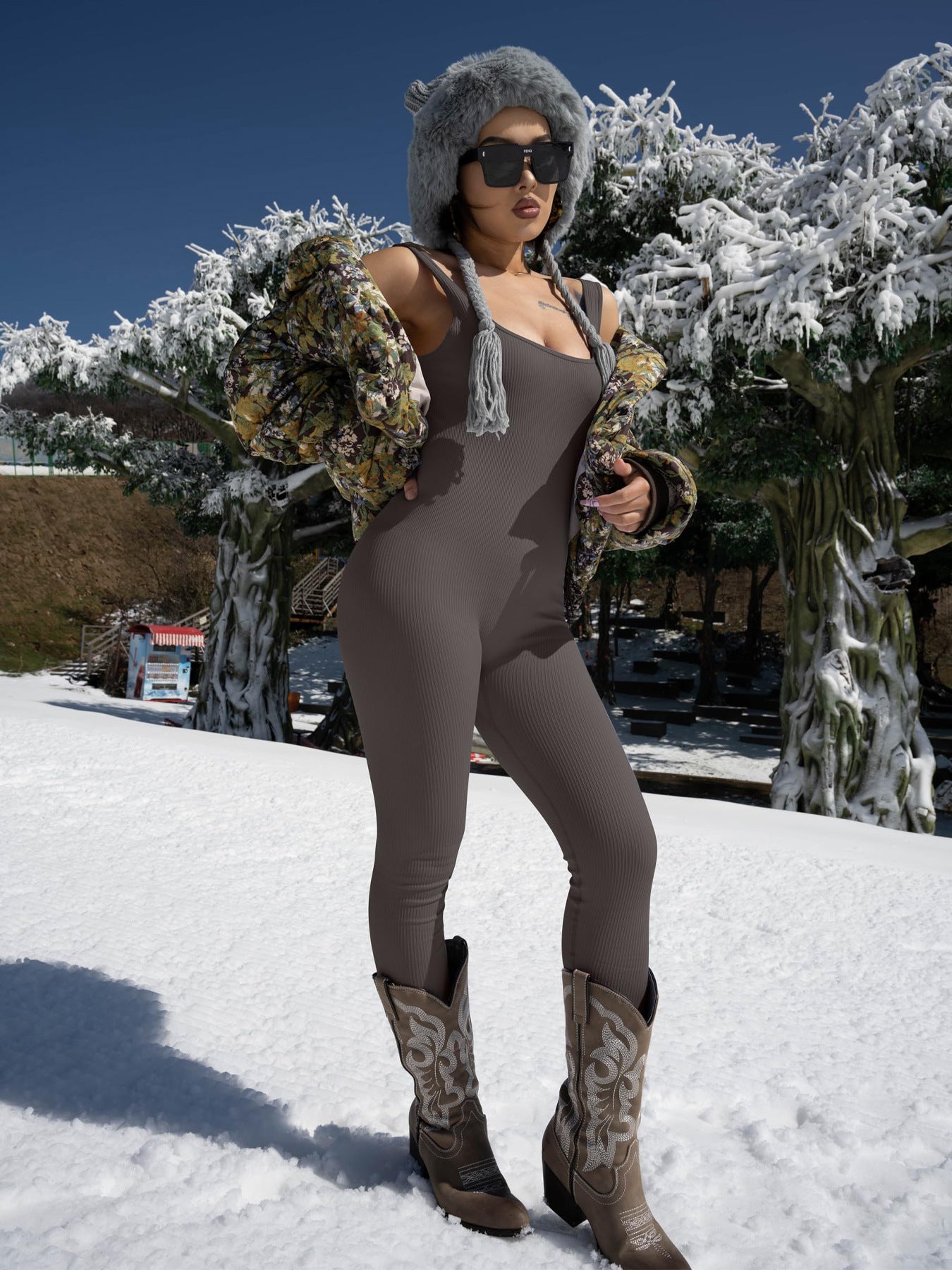 Women's ribbed sleeveless tank top one-piece jumpsuit bodysuit
