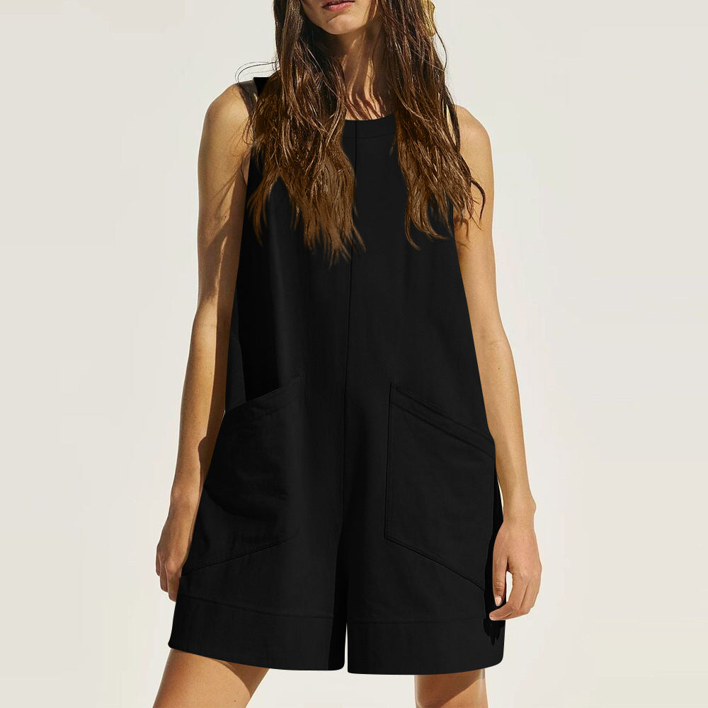 Women's sleeveless summer shorts jumpsuit with pockets for casual beach wear