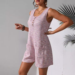 women's casual button pocket vest jumpsuit with relaxed legs and functional pockets