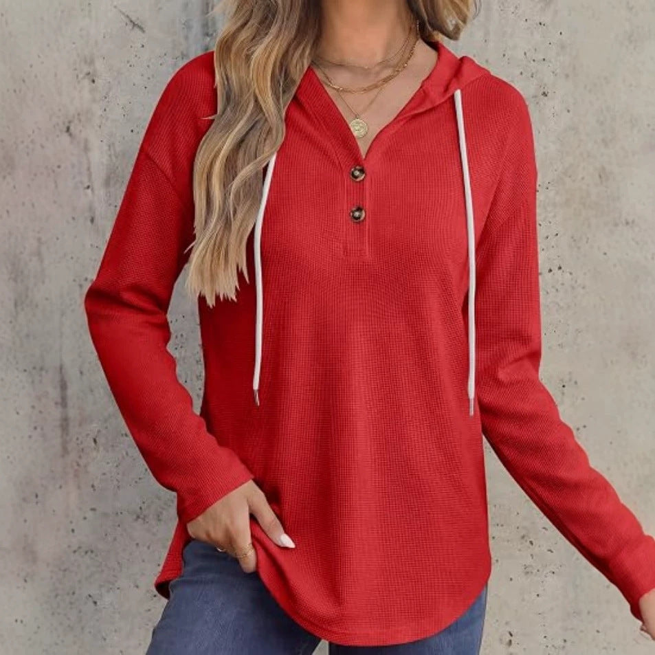 Womens V-neck Hooded Loose-fit Waffle-knit Hoodie