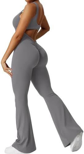 Women's sleeveless flare jumpsuit with wide-leg long pants for fitness and yoga