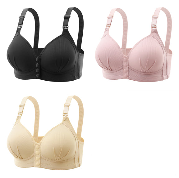 Women's front button closure wireless comfort bras in black, beige, and nude