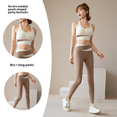 Women's 3-piece workout tracksuit set with zip jacket, sports bra, and yoga trousers