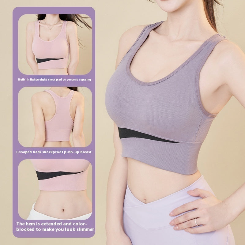 Women's mauve purple colorblock sports bra with wide elastic underbust band